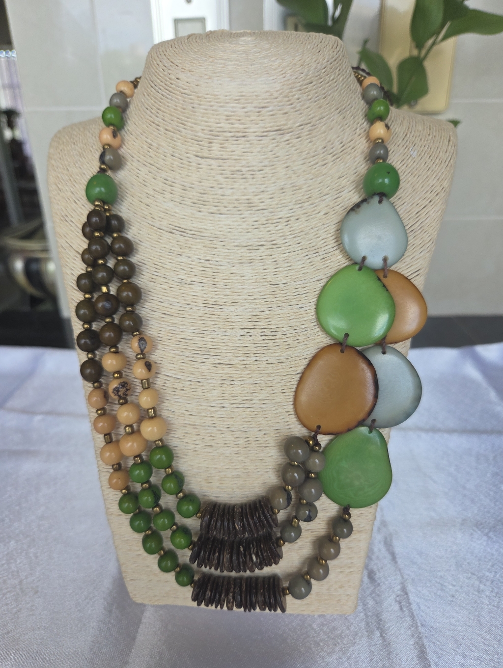 Green Tan Multi-Strand Tagua Nut Necklace, Organic Jewelry, Ecuador